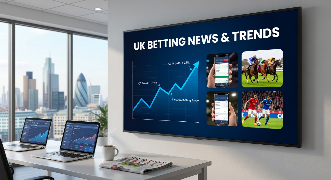 Graph showing upward trend in UK gambling transactions and spending for early 2026, with sports icons in background