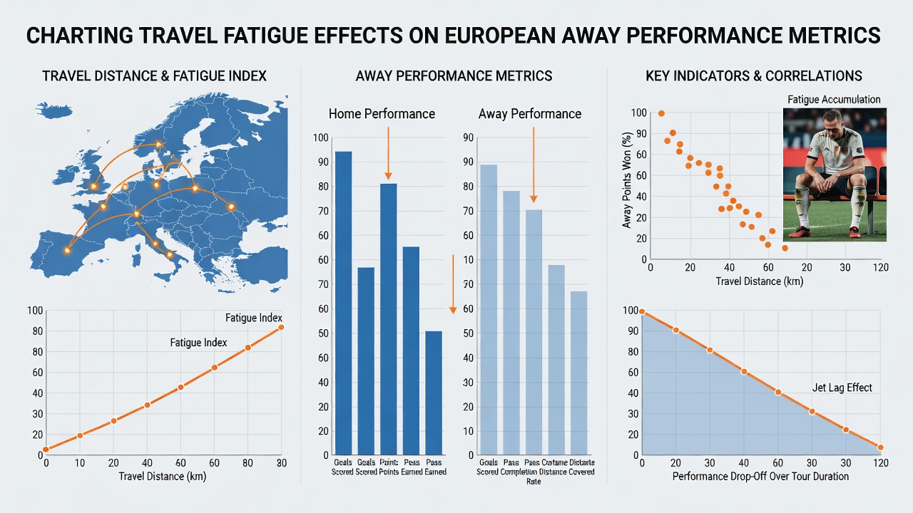 Performance charts displaying away win percentages correlated with travel distances in major European leagues