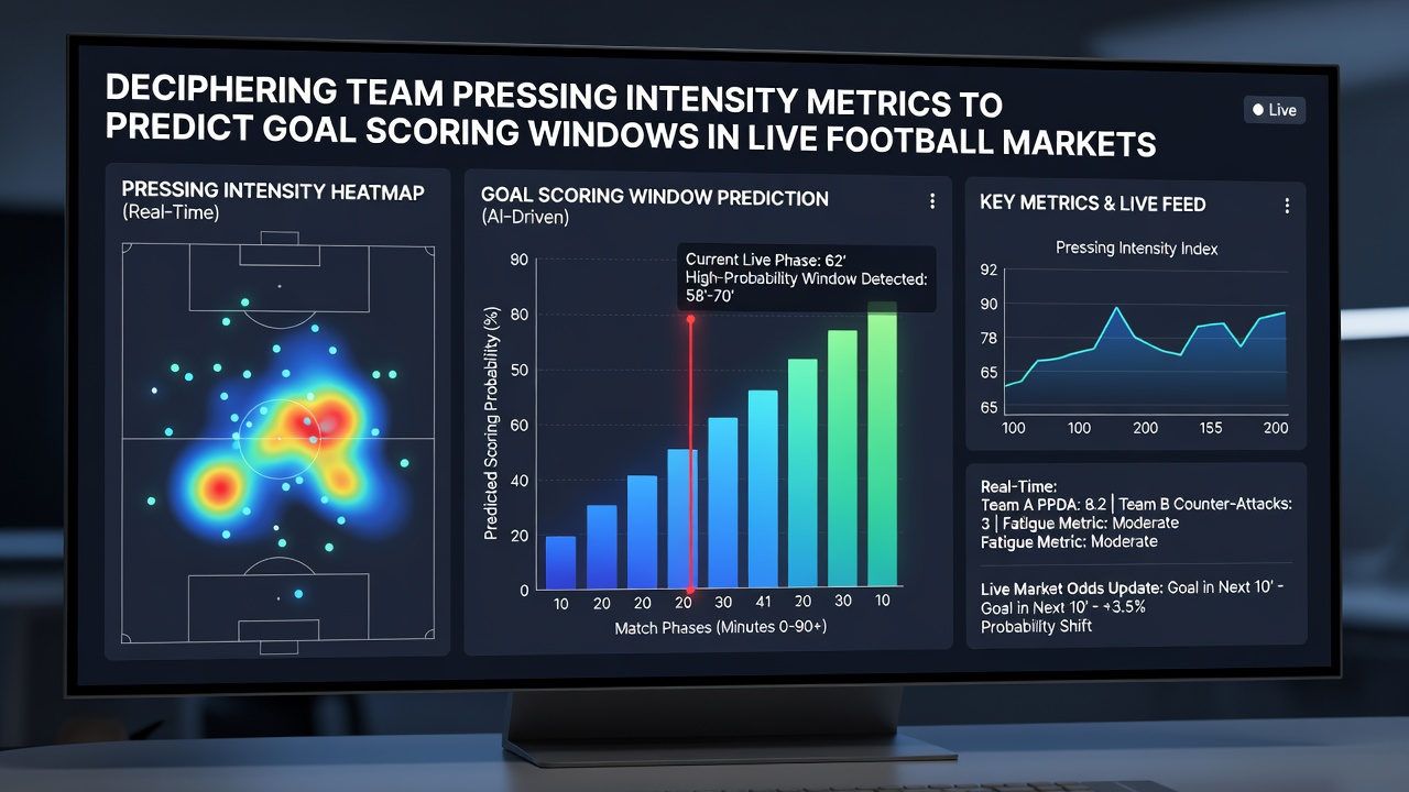 Data dashboard displaying pressing intensity heatmaps and goal probability timelines during a soccer match