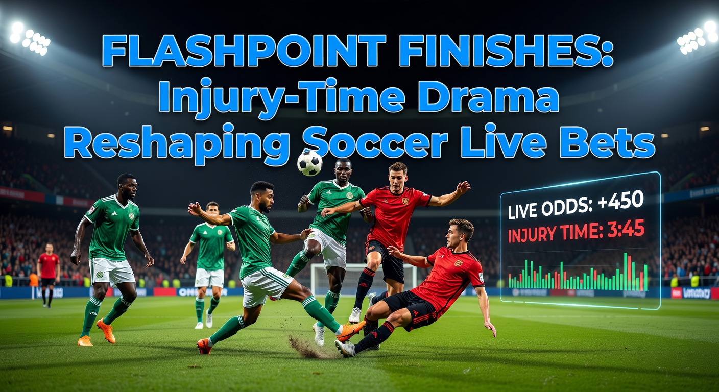 A tense soccer match clock ticking into injury time with players pushing forward desperately for a late goal, capturing the high-stakes drama of stoppage time action