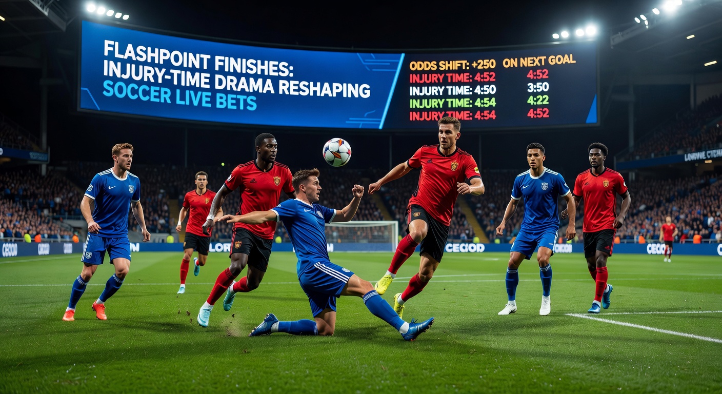 Soccer players celebrating a dramatic injury-time winner with the scoreboard showing 90+5, crowd erupting in the stands amid betting odds overlays