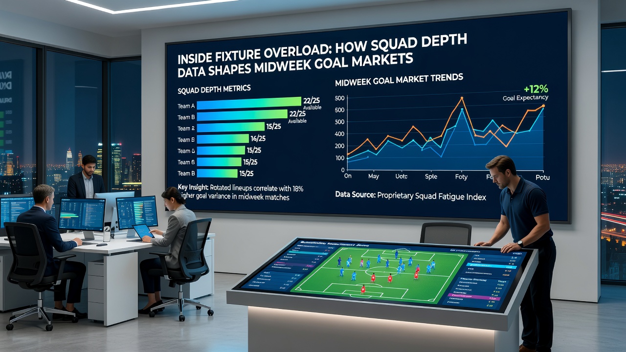 Data dashboard displaying squad depth metrics and goal projections for midweek football matches