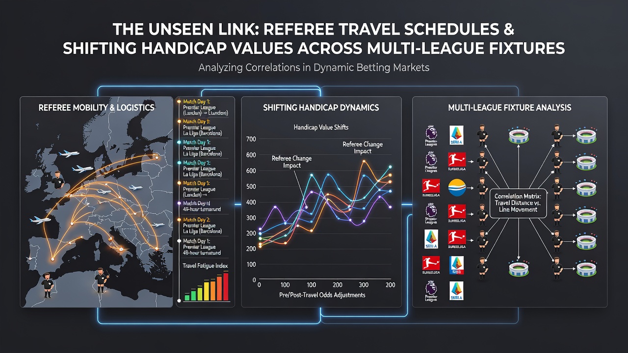 Referee traveling between international fixtures with schedule charts overlaid on football pitches