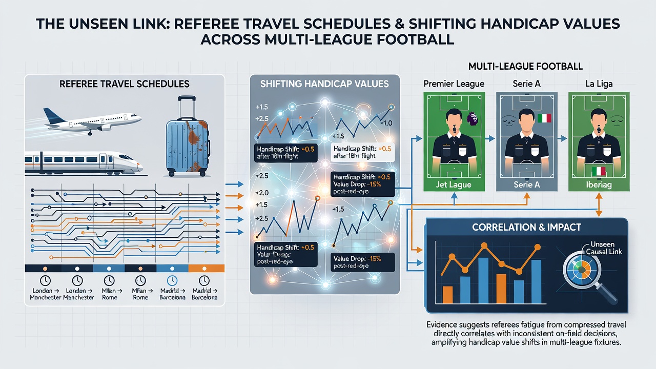 Analytical charts showing handicap line movements correlated with referee travel distances across leagues