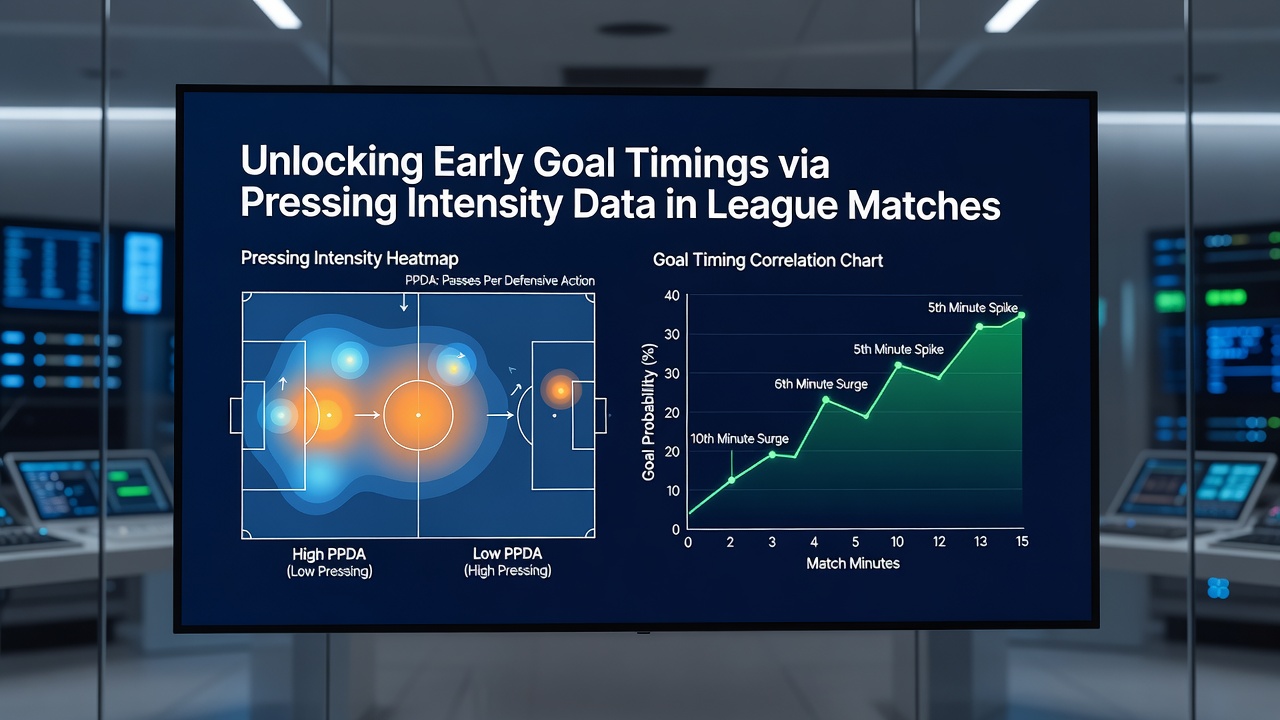 Data visualization dashboard showing pressing intensity heatmaps and goal timing statistics from league matches