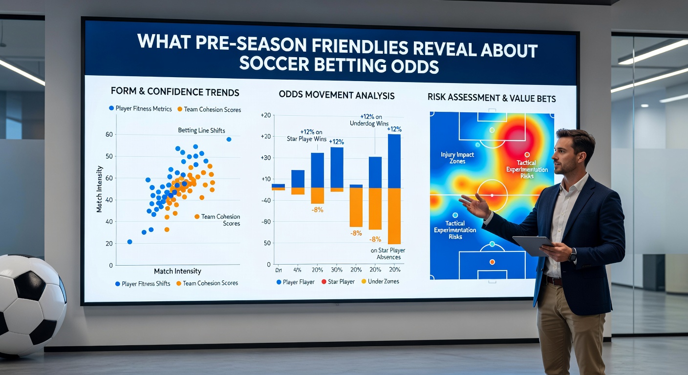 Soccer teams clashing in a vibrant pre-season friendly under stadium lights, highlighting tactical experiments and player trials
